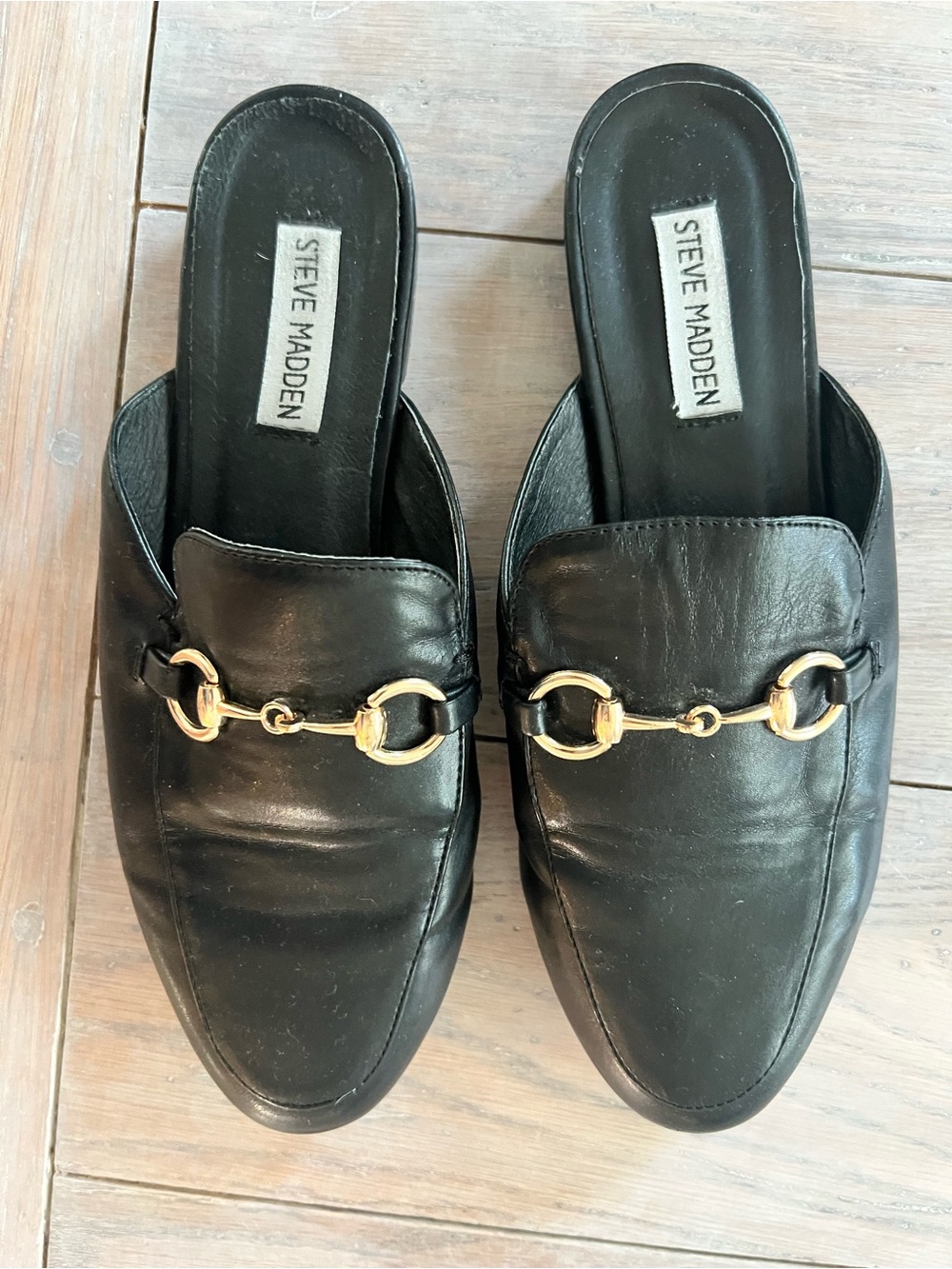 Steve Madden Black Leather Mules with Gold Horsebit Accent